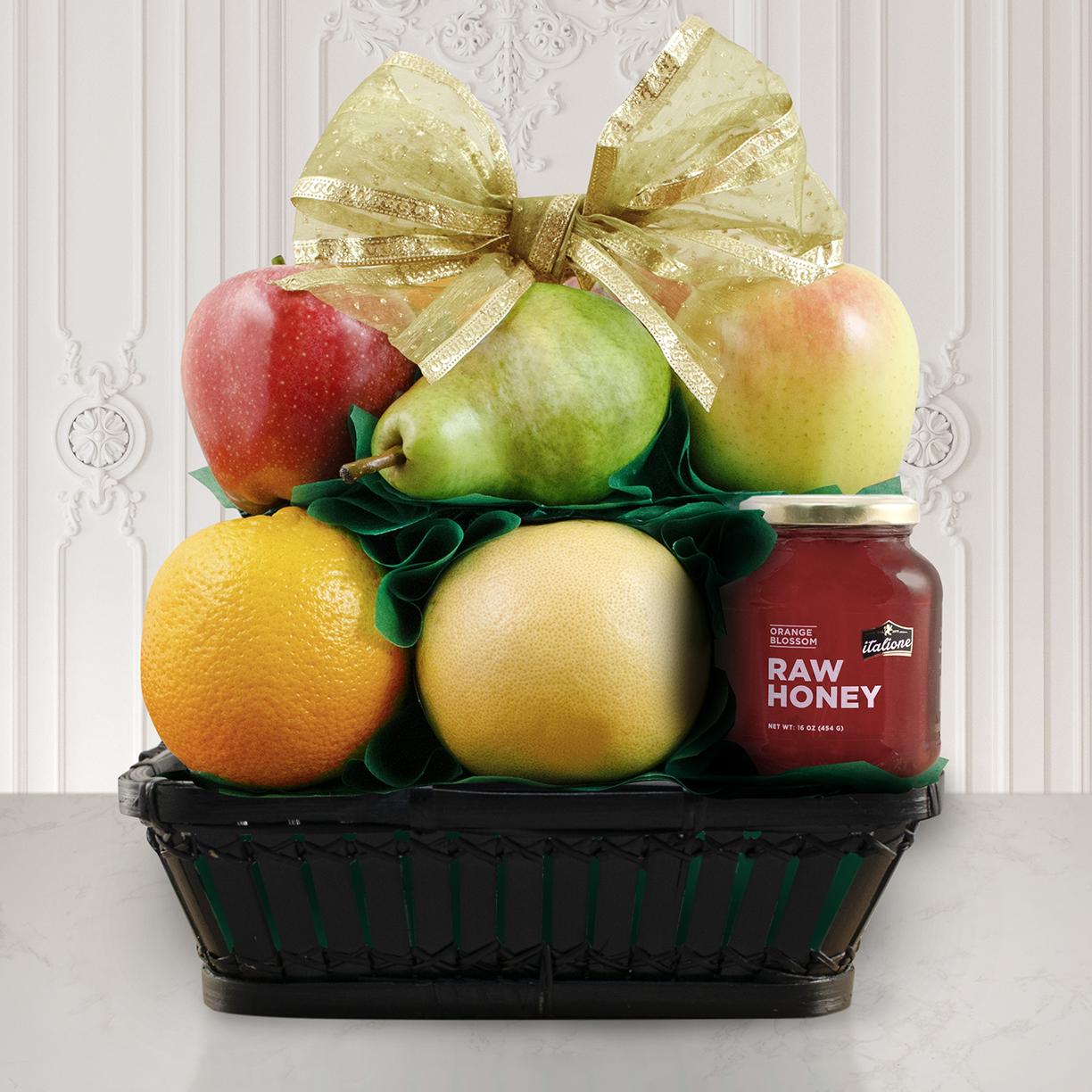 Woven Bamboo Fruit and Honey Gift Basket