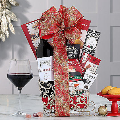 Vintners Path Merlot: Holiday Wine Sleigh Basket